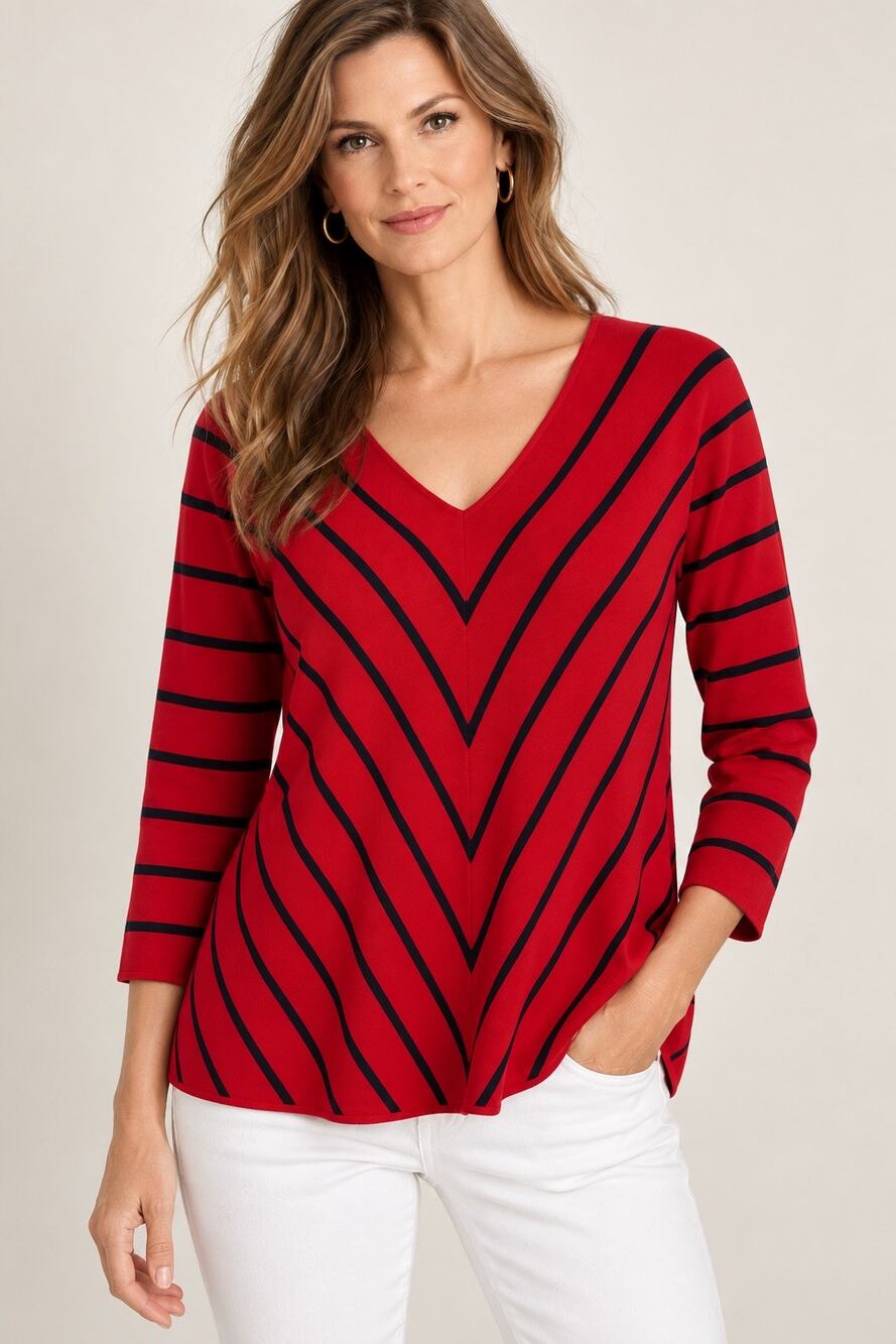 Talbots Chevron Stripe V-Neck Sweater L Red Navy 3/4 Sleeve NWT $89.50 Nautical